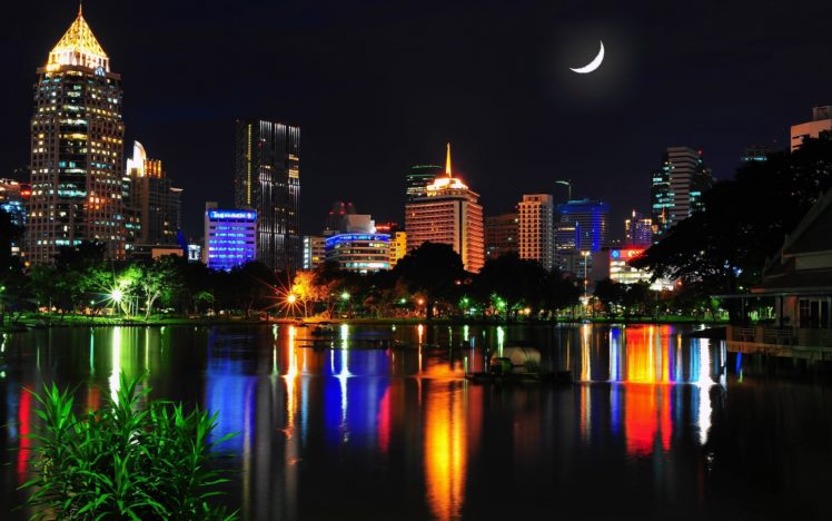 cityscapes, Night, Architecture, Skyscrapers, Rivers, Bangkok HD Wallpaper Desktop Background