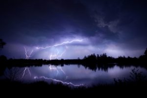 landscapes, Nature, Trees, Forest, Lakes, Reflection, Lightning, Rain, Storm, Night, Water, Contrast, Bright, Light, Scenic
