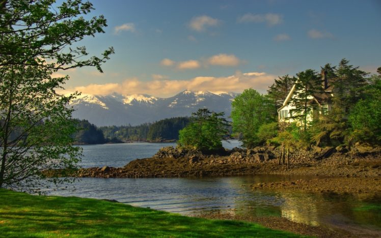 lake, House, Mountains, Painting HD Wallpaper Desktop Background