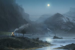 moon, Birds, Lake, Mountains, Train, Night, Painting