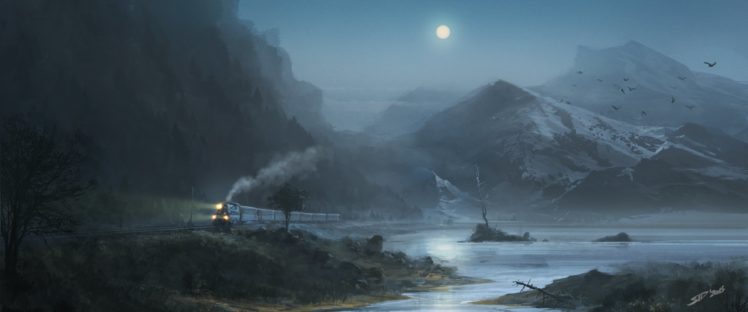 moon, Birds, Lake, Mountains, Train, Night, Painting HD Wallpaper Desktop Background