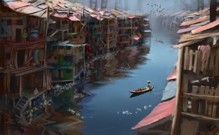 river, House, Feed, Shacks, Art, Painting HD Wallpaper Desktop Background
