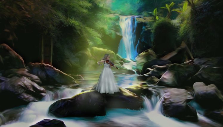 art, Girl, Music, Violin, Nature, Waterfall, Mood, Fantasy, Girl, River HD Wallpaper Desktop Background