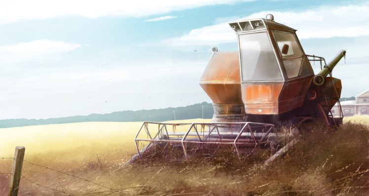 tractor, Nature, Field, Field, Forage, Farm, Wheat, Grass, Landscape, Painting HD Wallpaper Desktop Background
