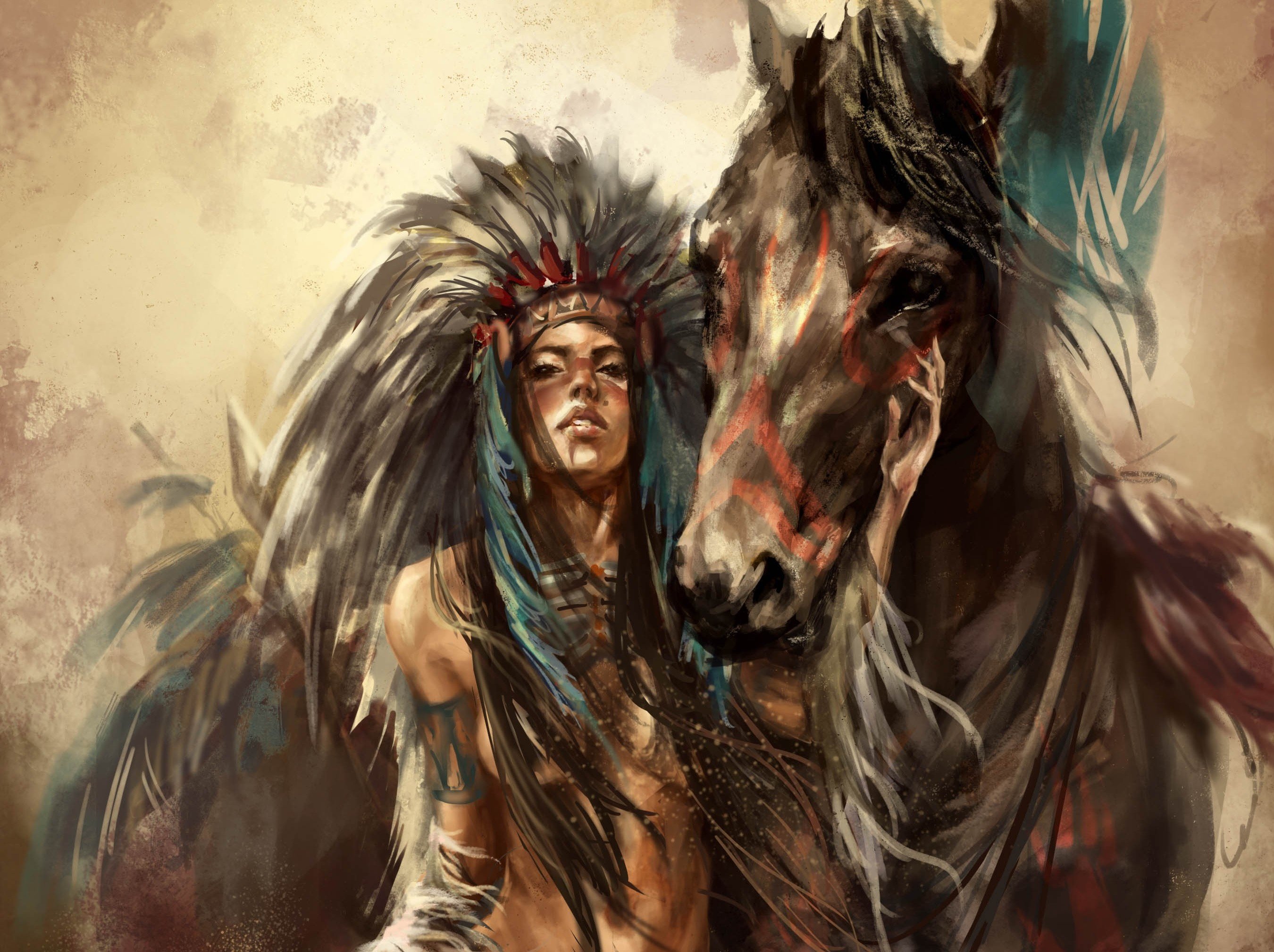 girl, Horse, Feathers, Art, Native, American, Babe, Sexy, Painting, Art Wallpaper