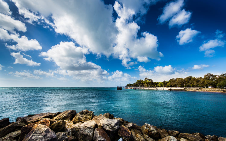 landscape, Nature, Seascape, Ocean, Sea, Rocks, Shore, Coast, Water, Trees, Tropical, Sky, Clouds, Scenic HD Wallpaper Desktop Background