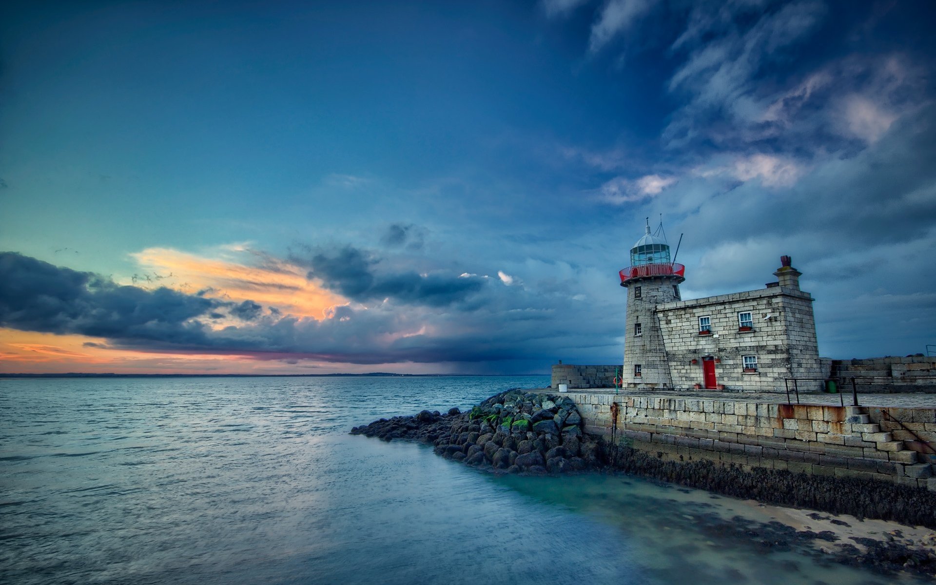 lighthouse, Sea, Clouds, Sunset Wallpaper
