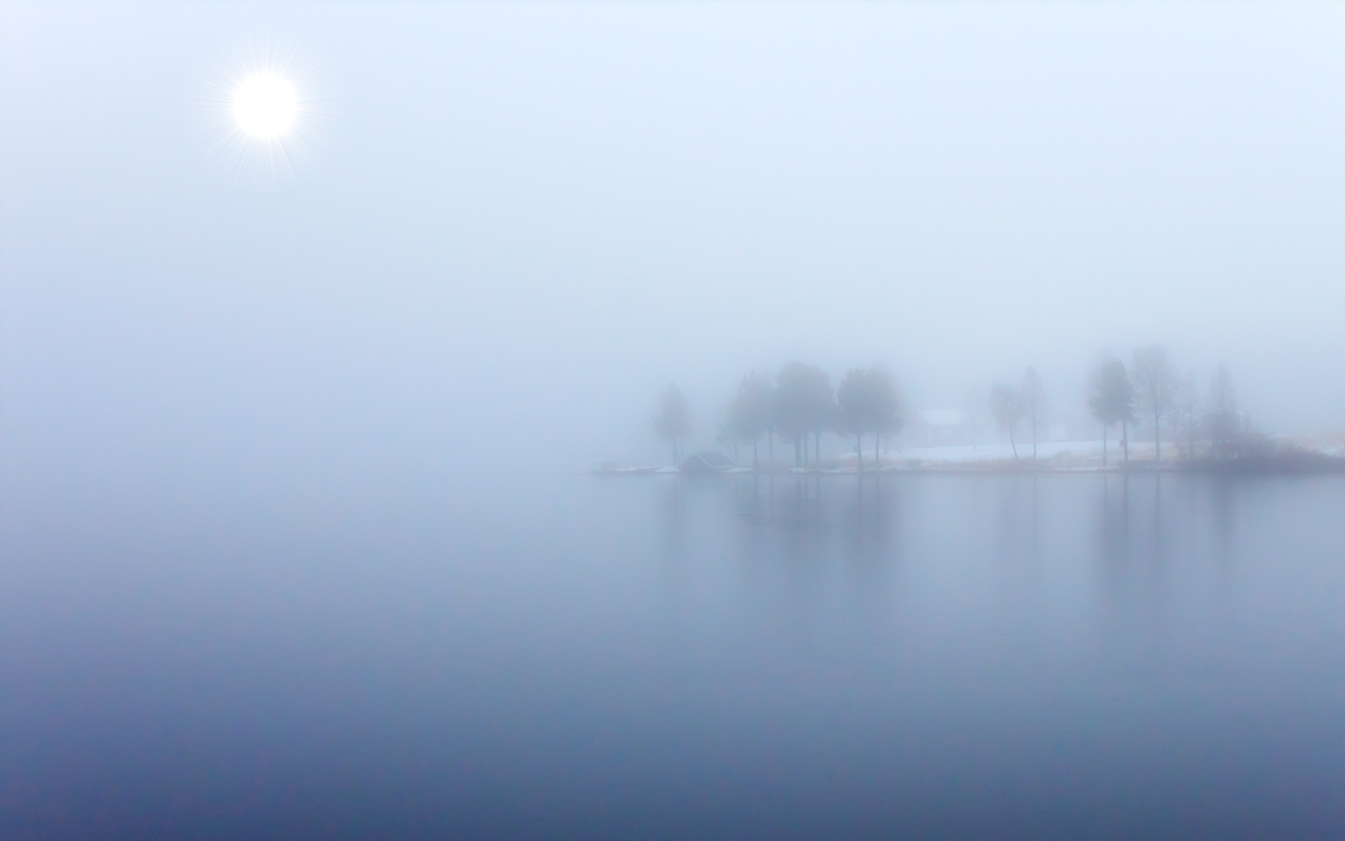nature, Lakes, Water, Reflection, Trees, Islands, Fog, Mist, Haze, Sunlight, Sun, Sunrise Wallpaper