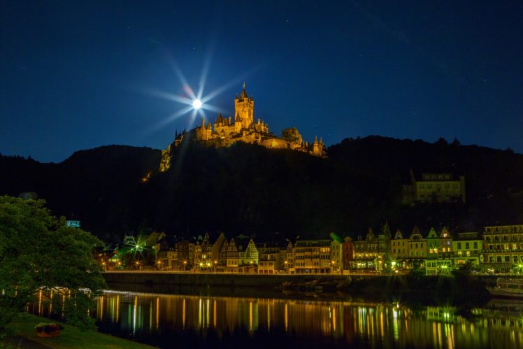 germany, Castle, Houses, Rivers, Cochem, Night, Moon HD Wallpaper Desktop Background