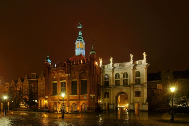 poland, Houses, Gdansk, Night, Street, Lights, Street, Cities HD Wallpaper Desktop Background