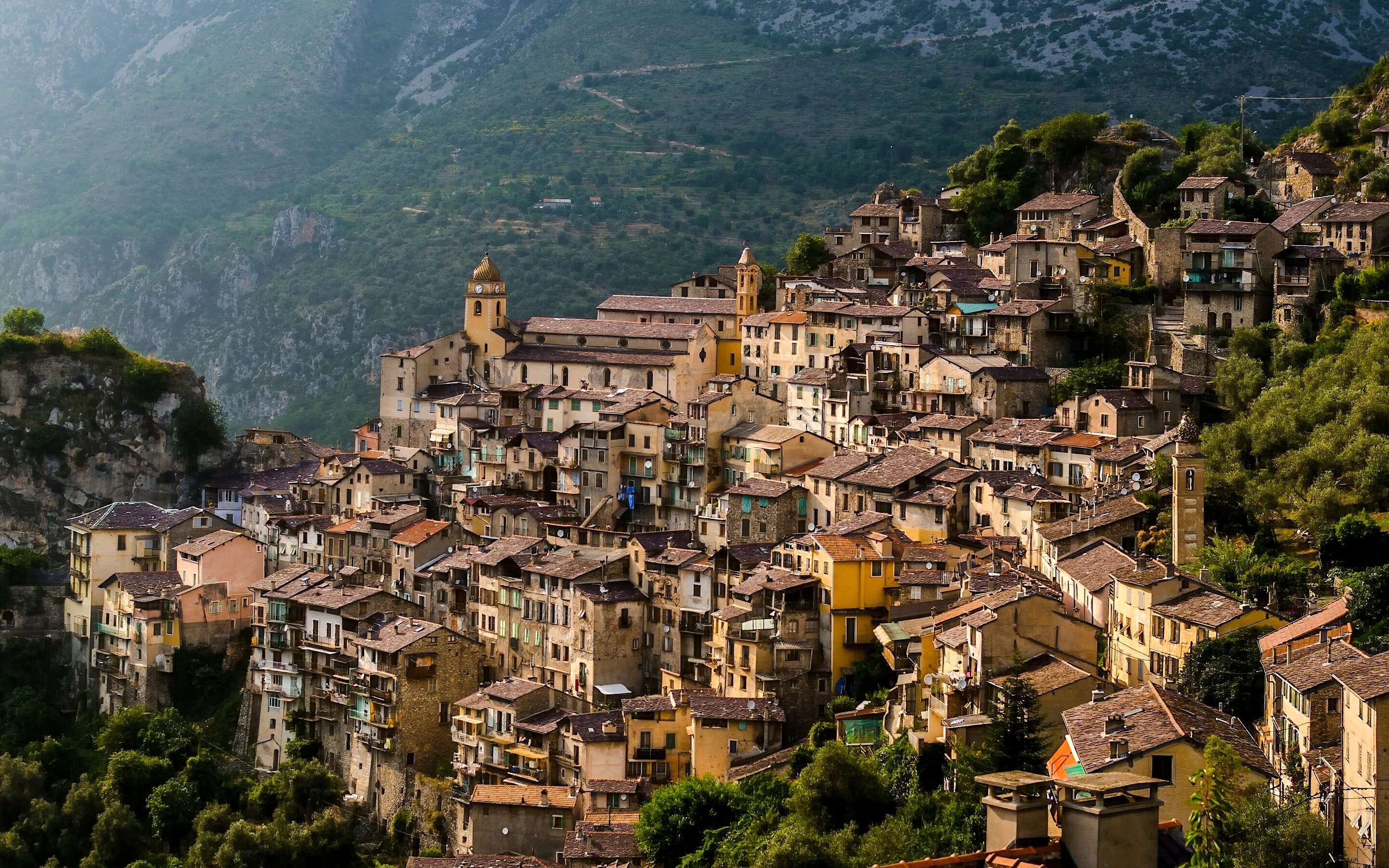 saorge, France, Saorzh, France, Mountain, Village, Buildings, Houses, Slope, Panoramic Wallpaper