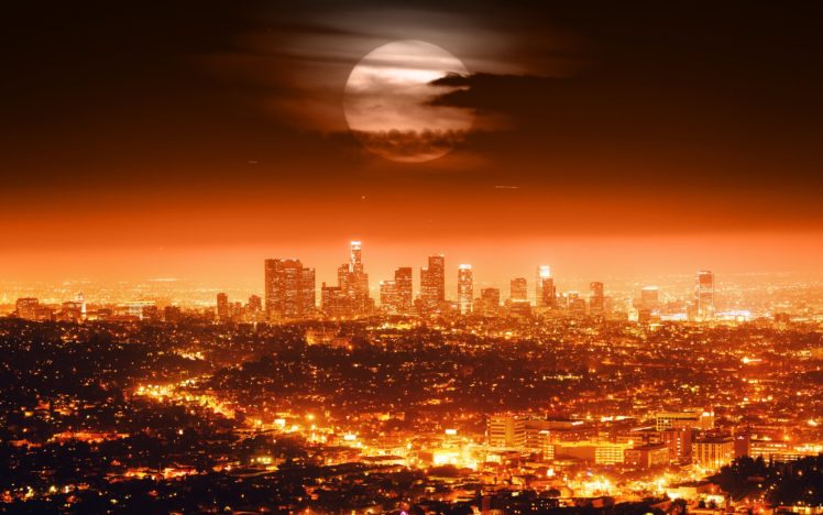 usa, City, Lights, Night, Los, Angeles, Skyline, Full, Moon, Moon HD Wallpaper Desktop Background