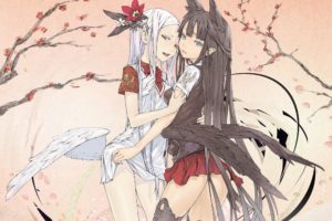 brunettes, Wings, Flowers, Skirts, Long, Hair, Green, Eyes, Animal, Ears, Red, Eyes, Thigh, Highs, Bows, Open, Mouth, White, Hair, White, Dress, Redjuice, Anime, Girls, Pointy, Ears, Branches, Hair, Ornaments, H