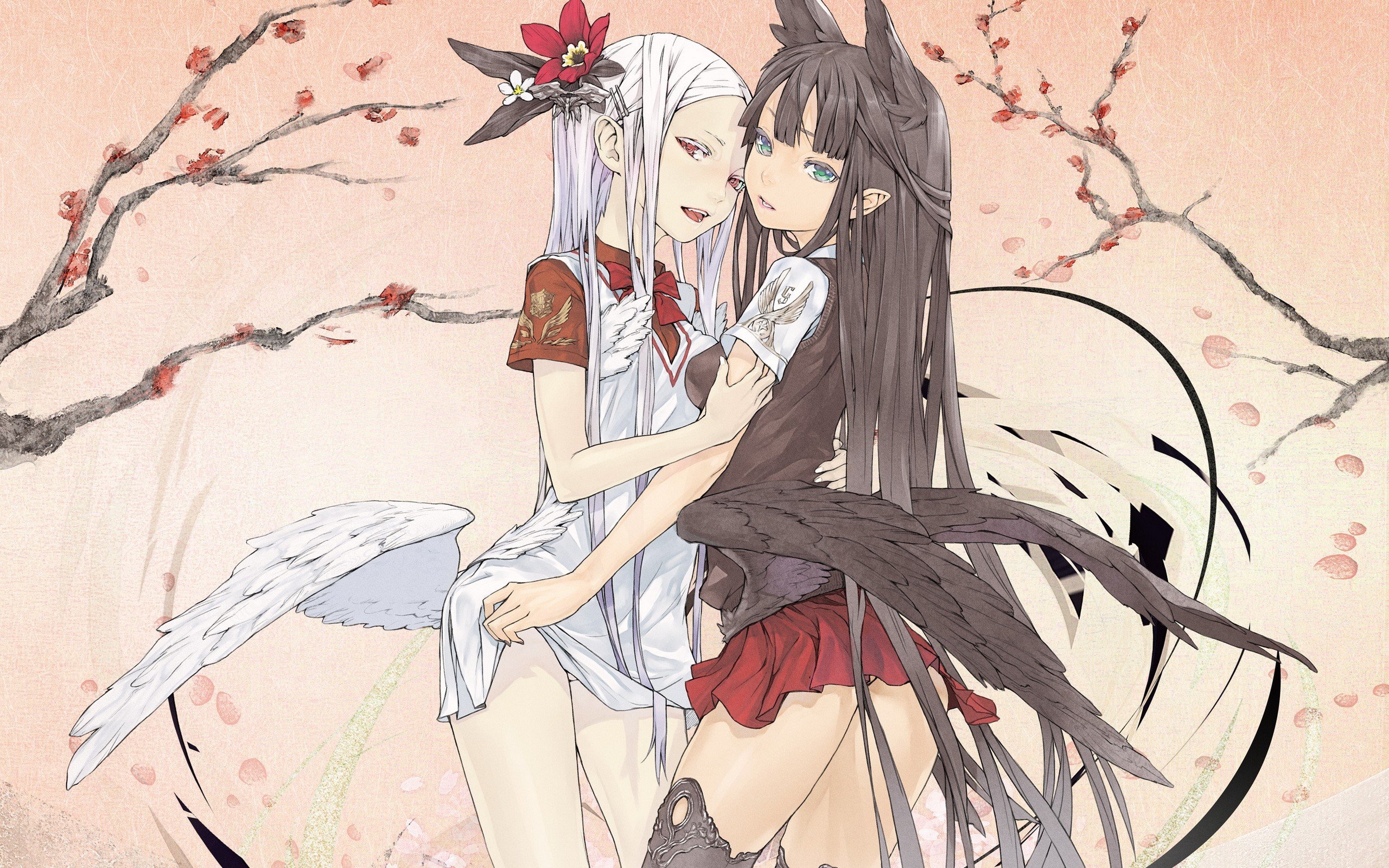 brunettes, Wings, Flowers, Skirts, Long, Hair, Green, Eyes, Animal, Ears, Red, Eyes, Thigh, Highs, Bows, Open, Mouth, White, Hair, White, Dress, Redjuice, Anime, Girls, Pointy, Ears, Branches, Hair, Ornaments, H Wallpaper