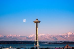 sunrise, Nature, Cityscapes, Needles, Architecture, Moon, Seattle