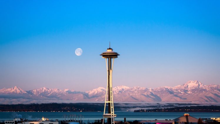 sunrise, Nature, Cityscapes, Needles, Architecture, Moon, Seattle HD Wallpaper Desktop Background