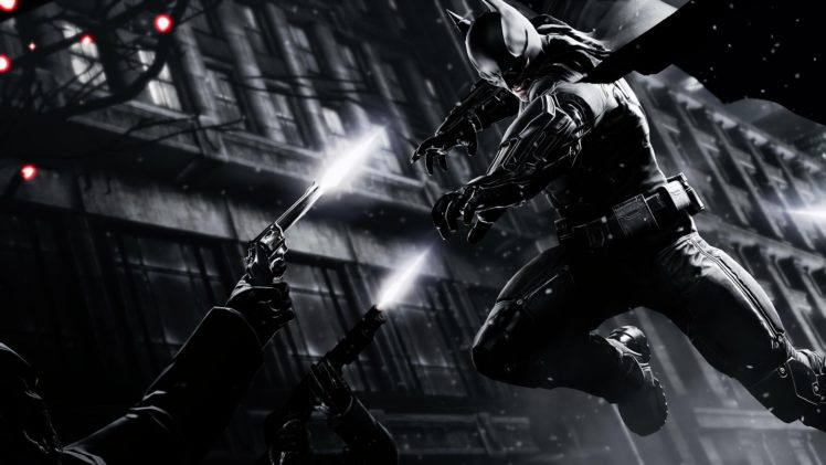 batman, Arkham, Origins, Batman, Jump, Handgun, Bw HD Wallpaper Desktop Background