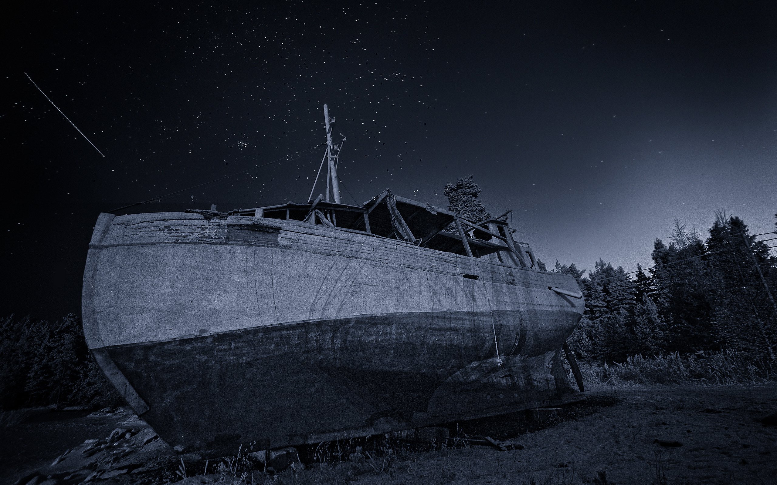 boat, Beached, Night, Abandon, Deserted, Stars Wallpaper