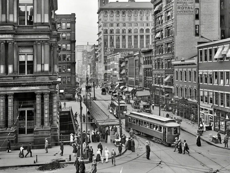 buildings, Bw, Street, Carriage, Trolley, Cincinnati HD Wallpaper Desktop Background