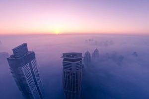 buildings, Skyscrapers, Fog, Mist, Sunset