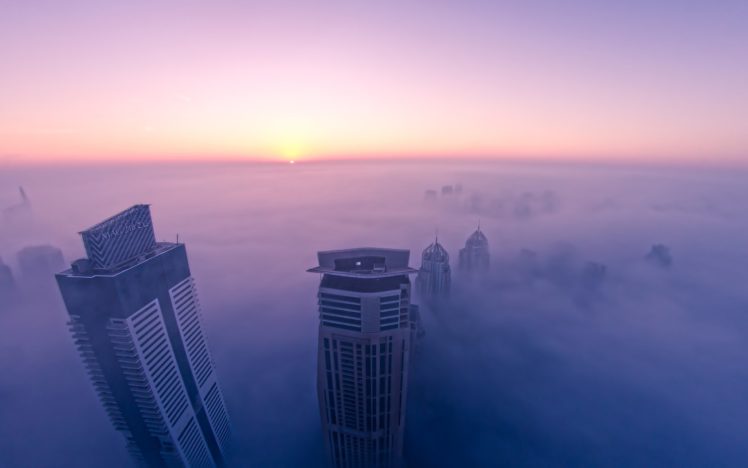 buildings, Skyscrapers, Fog, Mist, Sunset HD Wallpaper Desktop Background
