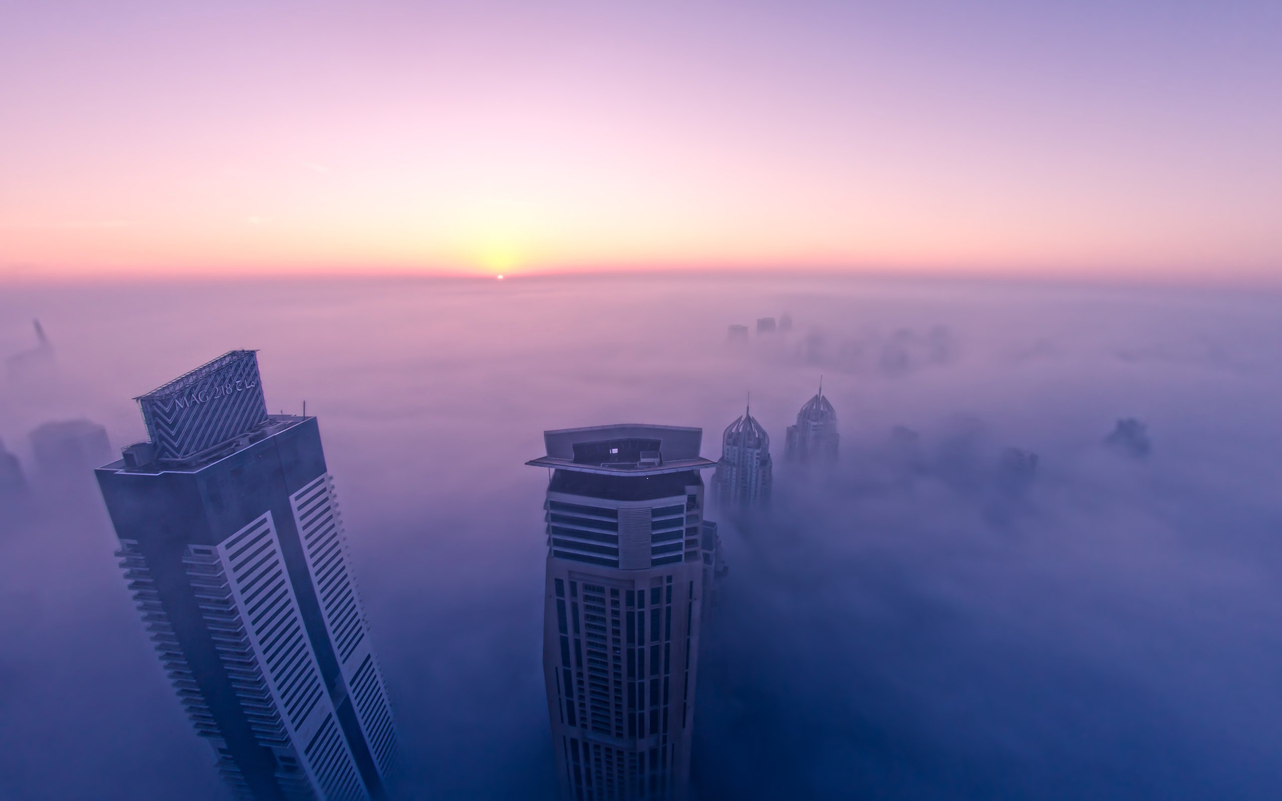buildings, Skyscrapers, Fog, Mist, Sunset Wallpaper