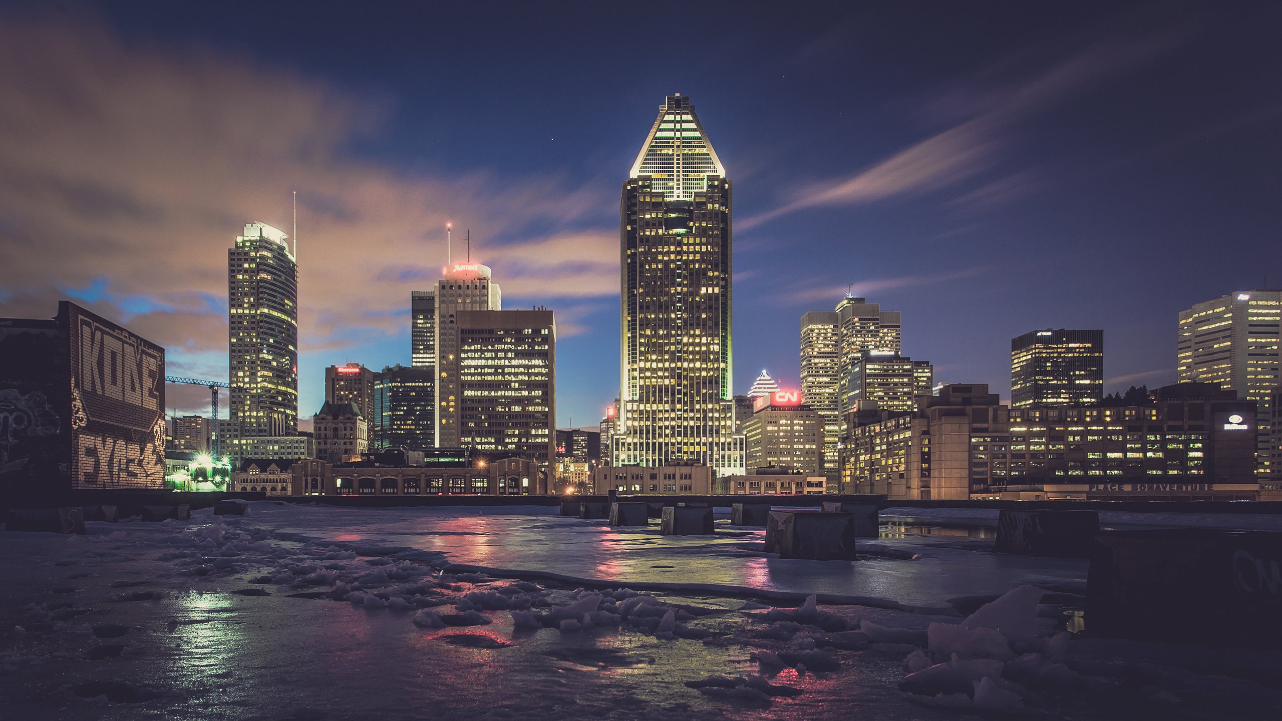 buildings, Skyscrapers, Ice, Winter, Night Wallpaper