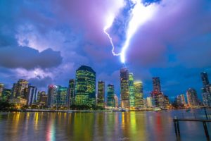 buildings, Skyscrapers, Lightning, Storm, Stop, Action, Clouds