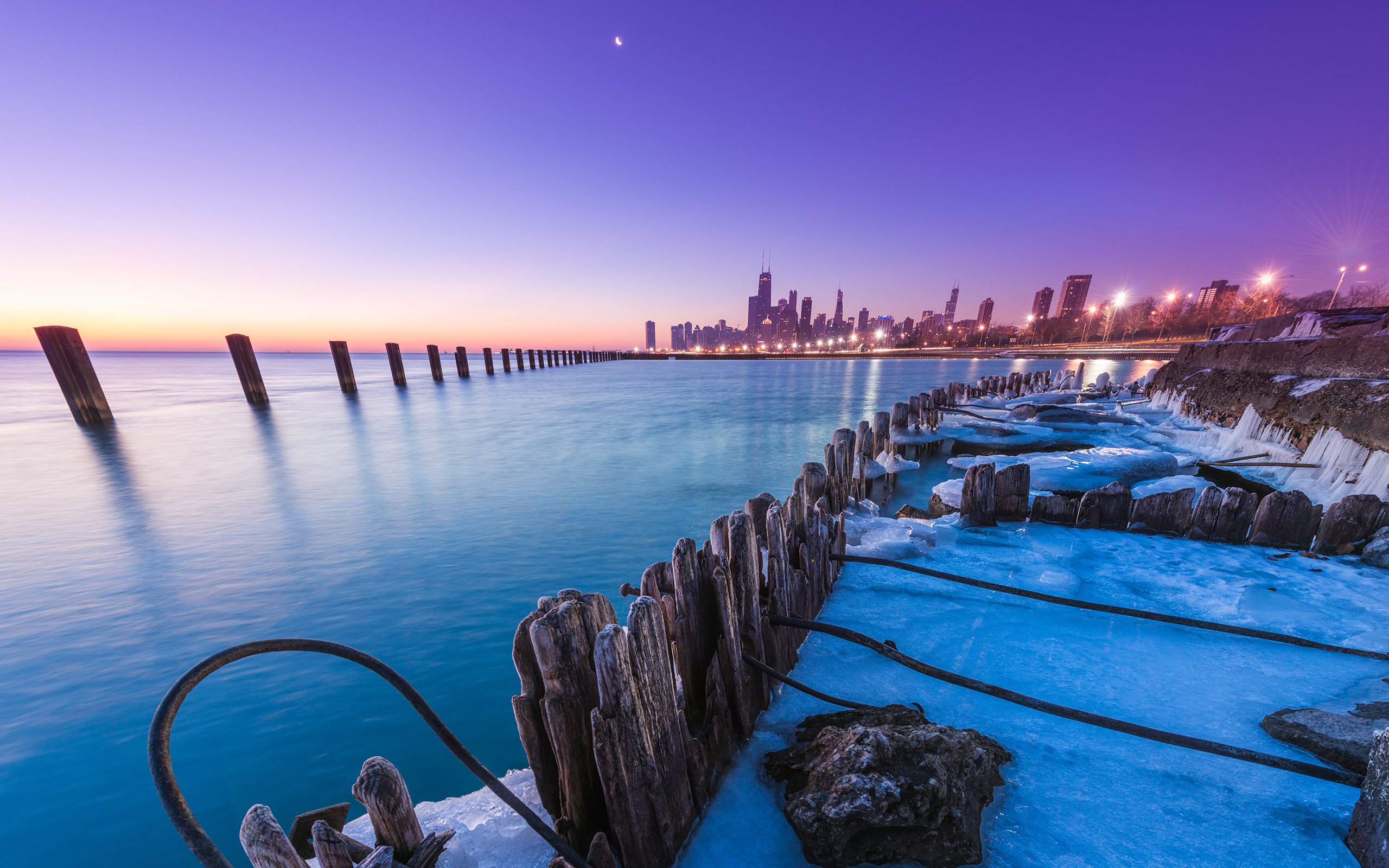 chicago, Buildings, Skyscrapers, Posts, Ice, Winter, Sunset Wallpaper
