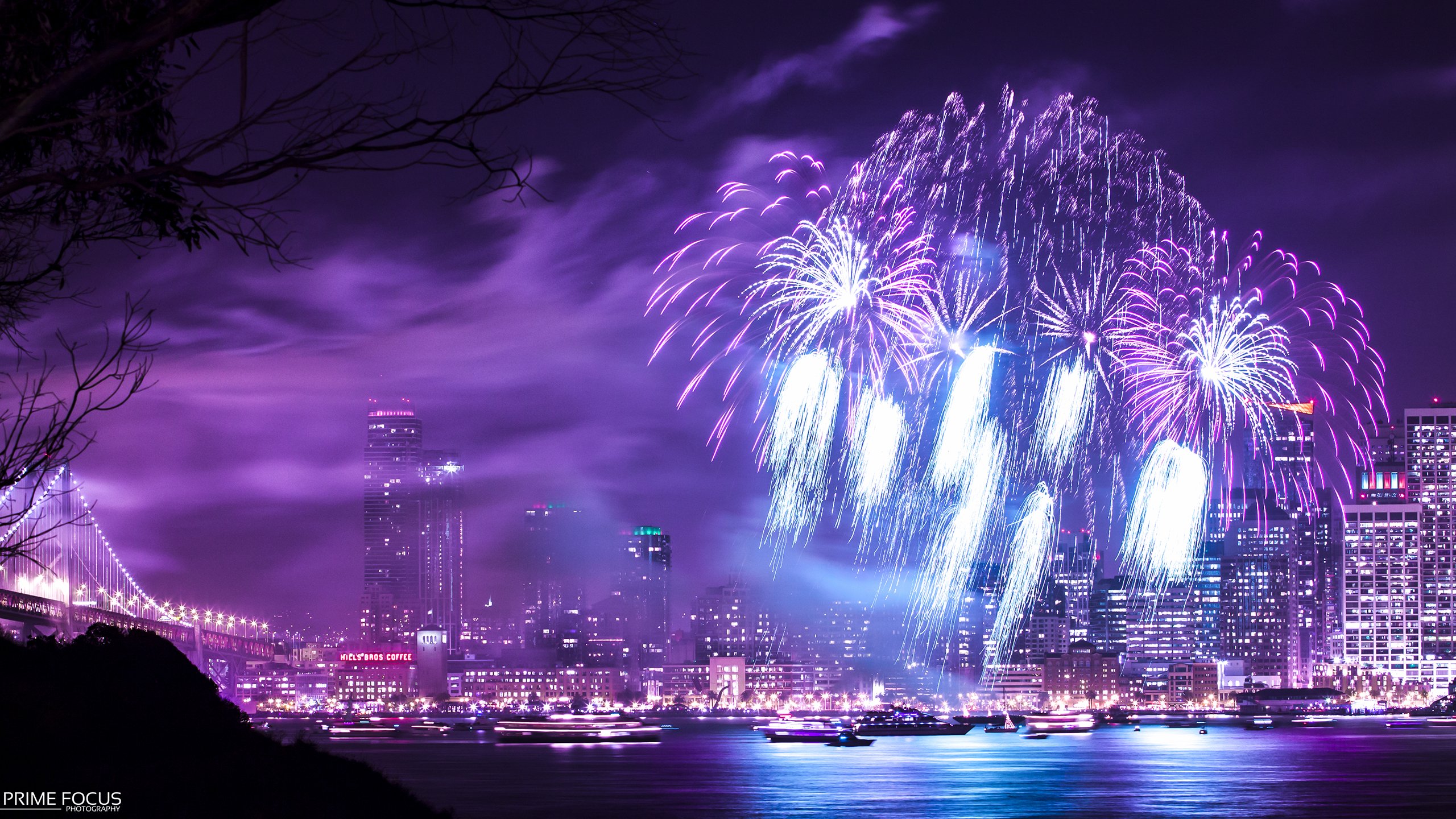 fireworks, Night, Purple, Timelapse, Buildings, Skyscrapers Wallpaper