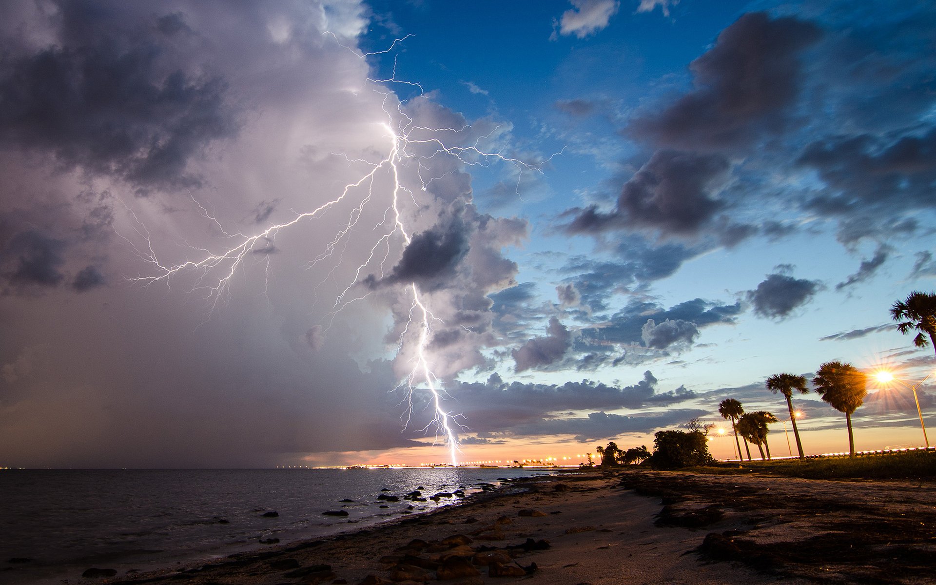 lightning, Clouds, Storm, Beach Wallpaper