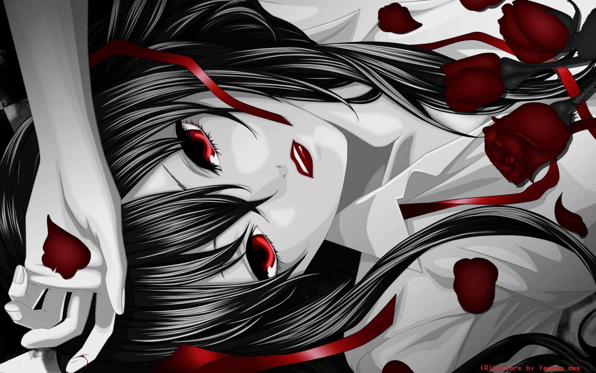 red, Eyes, Lying, Down, Monochrome, Roses, Anime, Girls, Petals, Mood, Emotion, Face, Art Wallpaper