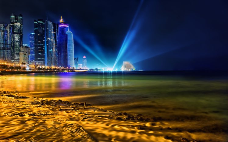 qatar, Buildings, Skyscrapers, Night, Beach, Ocean, Lights HD Wallpaper Desktop Background