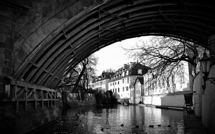 river, Bridge, Arch, Buildings, Bw HD Wallpaper Desktop Background