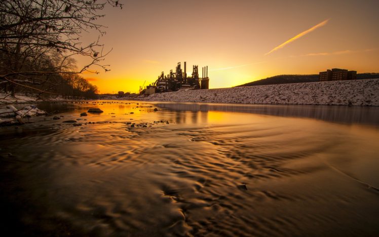 sunset, River, Snow, Winter HD Wallpaper Desktop Background