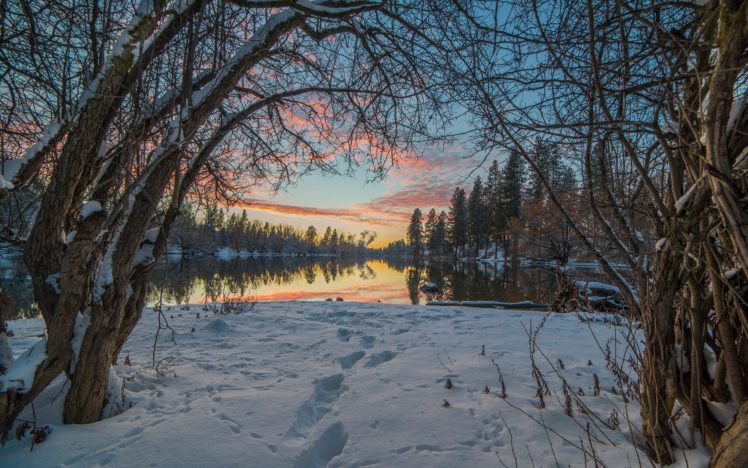 trees, Snow, Winter, Lake, Reflection, Sunset HD Wallpaper Desktop Background