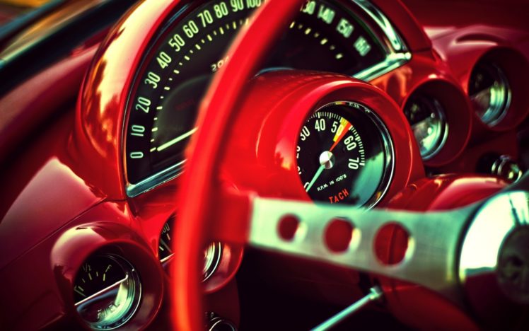 vehicles, Cars, Chevy, Chevrolet, Corvette, Old, Retro, Classic, Red, Colors, Contrast, Numbers, Wheels, Gauge, Glass, Interior, Close, Up, Macro, Muscle HD Wallpaper Desktop Background