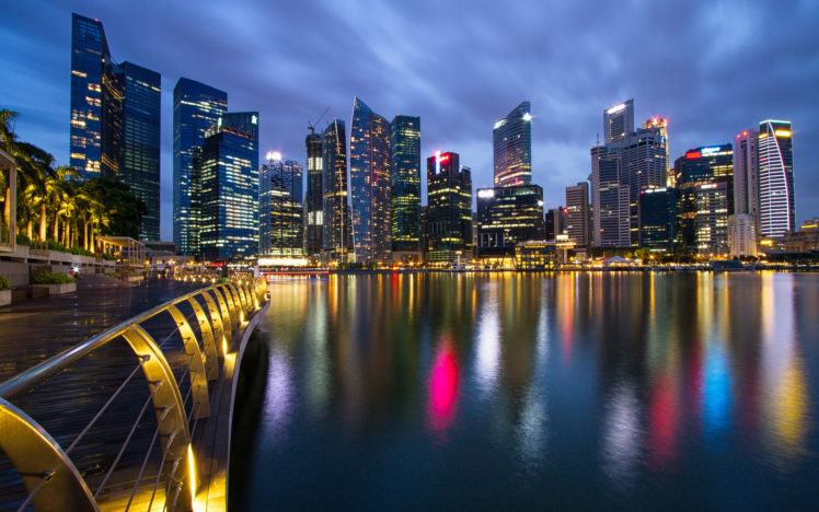 singapore, Cityscape, Cities, Architecture, Buildings, Skyscraper, Water, Harbor, Marina, Fence, Rail, Sidewalk, Path, Night, Lights, Hdr, Reflection, Sky, Clouds, Photography, Hong, Kong HD Wallpaper Desktop Background