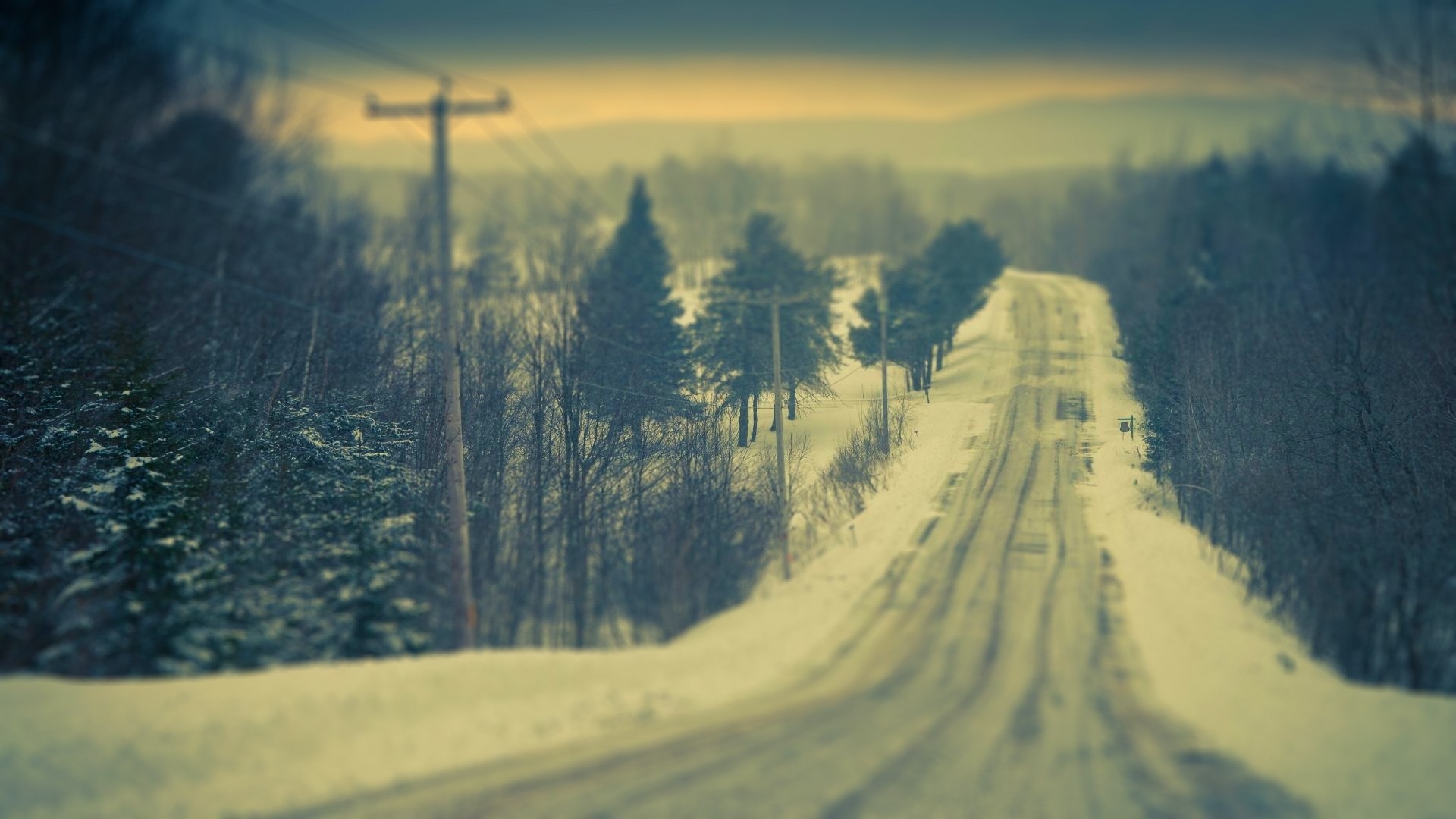 landscapes, Roads, Nature, Winter, Snow, Tilt, Shift, Photography, Snow, Trees, Forest, Pole, Wire, Line, Mountains, Scenic, Sky Wallpaper
