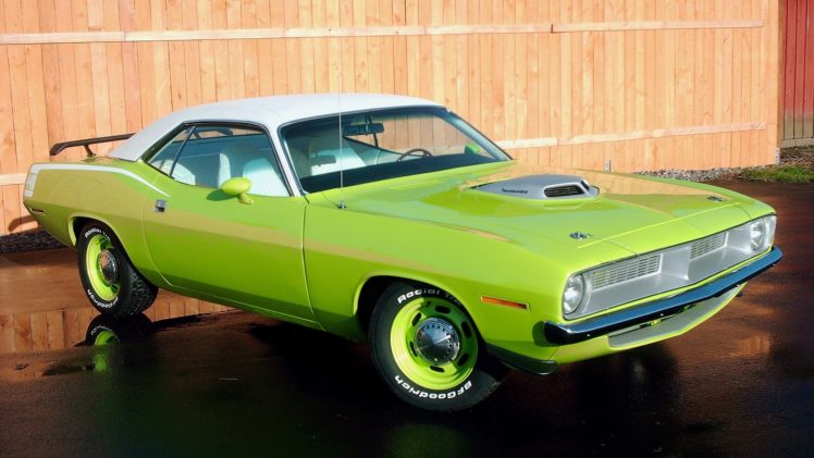 muscle, Cars, Usa, Plymouth, Barracuda, Classic, Vehicles, Auto, Old, Retro, Green, Colors, Bright, Wheels, Wet, Roads HD Wallpaper Desktop Background