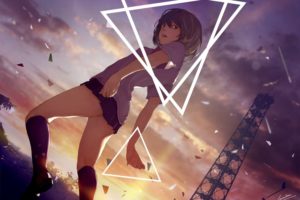 brunettes, Sunset, Clouds, School, Uniforms, Schoolgirls, Skirts, Socks, Brown, Eyes, Short, Hair, Scenic, Open, Mouth, Soft, Shading, Skyscapes, Anime, Girls, Looking, Back, Bangs, Triangles, Original, Characte