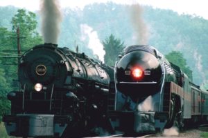 trains, Railroad, Tracks, Steam, Engine, Vehicle, Locomotive, Smoke, Retro, Old, Classic, Modern, Lights, Steel, Metal, Trees, Hills, Sky, Motion