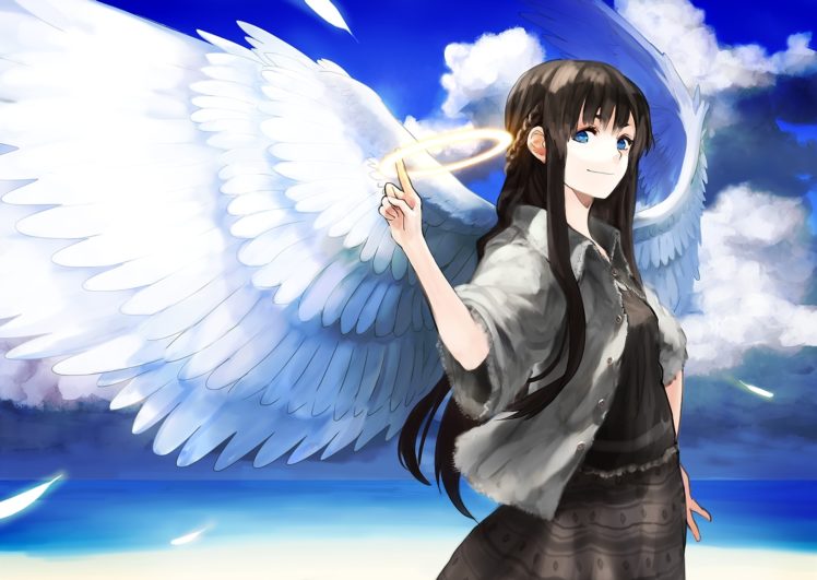 anime, Original, Halo, Wings, Angels, Fantasy, Feathers, Women, Females, Girls, Asian, Oriental, Sky, Clouds, Artistic, Children, Face, Eyes HD Wallpaper Desktop Background
