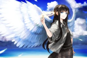 anime, Original, Halo, Wings, Angels, Fantasy, Feathers, Women, Females, Girls, Asian, Oriental, Sky, Clouds, Artistic, Children, Face, Eyes