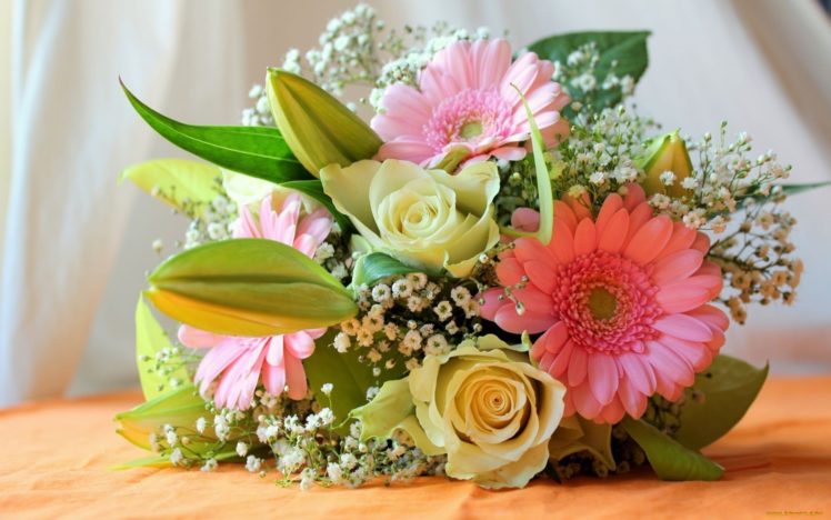 flowers, Composition, Bouquet, Roses, Lilies, Gerbera, Flower HD Wallpaper Desktop Background