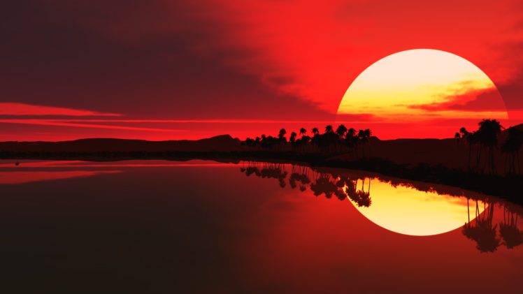 water, Sunrise, Red, Palm, Trees, Lakes, Sillhouette HD Wallpaper Desktop Background