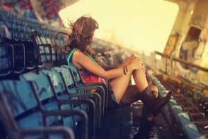 ruins, Derelict, Decay, Urban, Graffiti, Seats, Chairs, Stadium, Hall, Rooms, Fence, Rail, Architecture, Buildings, Light, Sunlight, Women, Female, Girls, Babes, Models, Sexy, Sensual, Style, Legs, Boots, Brunett