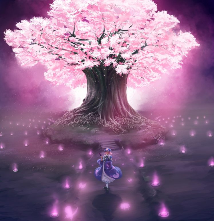 video, Games, Touhou, Cherry, Blossoms, Trees, Anime, Saigyouji, Yuyuko, Japanese, Clothes HD Wallpaper Desktop Background