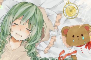 vocaloid, Hatsune, Miku, Tears, Long, Hair, Ribbons, Green, Hair, Pillows, Stuffed, Animals, Lying, Down, Open, Mouth, Pocket, Watch, Crying, Closed, Eyes, Teddy, Bears, Anime, Girls, Faces, Hair, Ornaments, Bed