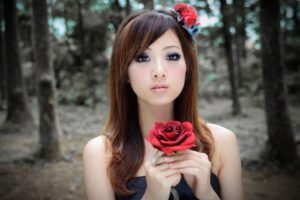 brunettes, Women, Forests, Asians, Roses, Blurred, Mikako, Zhang, Kaijie